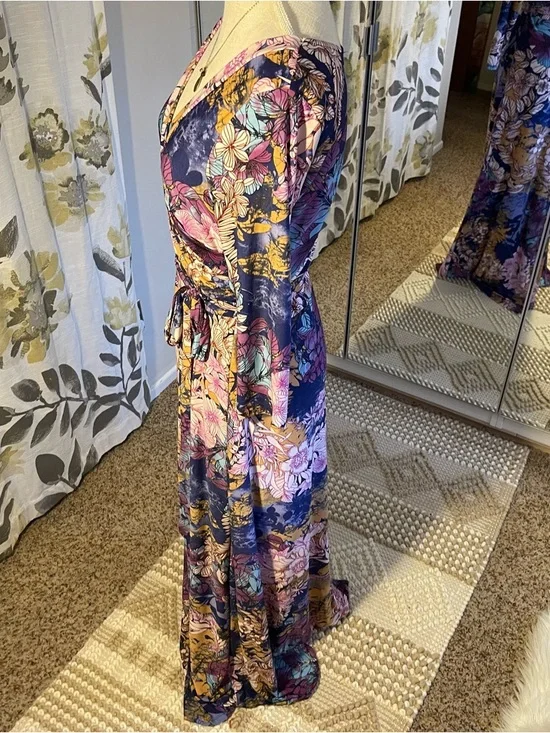 Floral Wrap Maxi Dress in Purple Navy and Mustard - Picture 3 of 7
